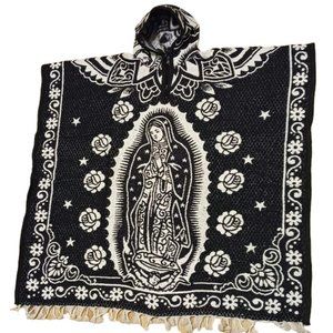 Mexican Poncho with Hoodie | The Virgin Mary and San Judas Tadeo | Black